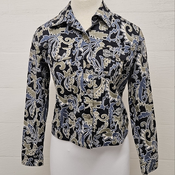 Harley Davidson Cotton Trucker Jacket in Blue and Green Paisley Size Small - Picture 2 of 9